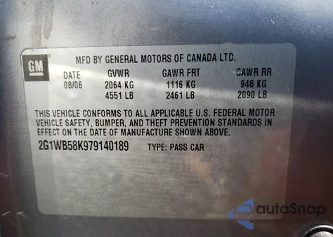 2007 Chevrolet Impala Ls из США, поврежденный, VIN 2G1WB58K979140189